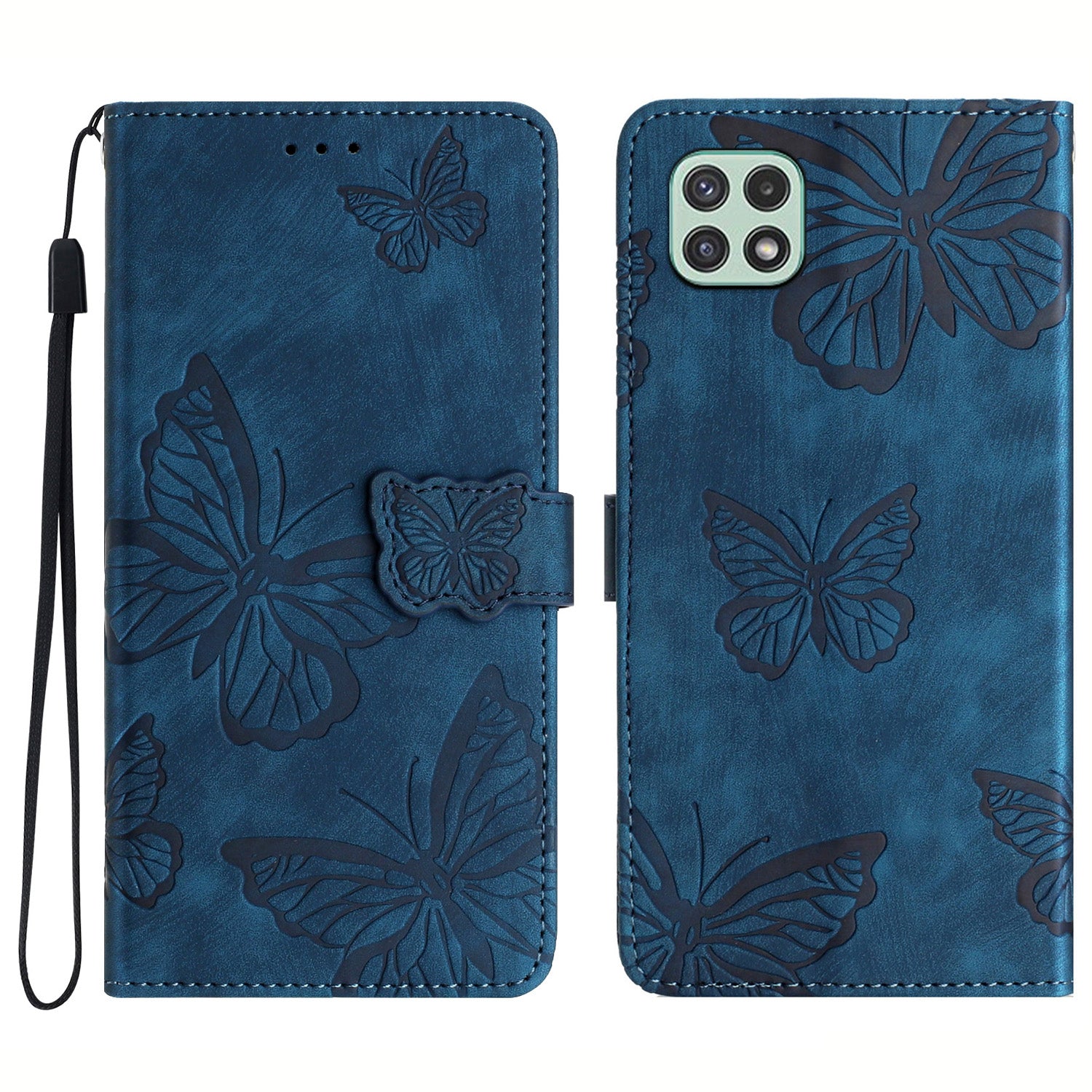 Butterfly Imprinted Shell for Samsung Galaxy A22 5G (EU Version) Stand PU Leather Wallet Skin-touch Phone Cover