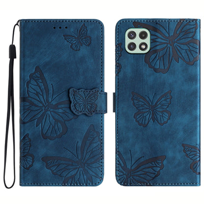 Butterfly Imprinted Shell for Samsung Galaxy A22 5G (EU Version) Stand PU Leather Wallet Skin-touch Phone Cover