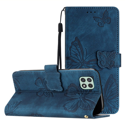 Butterfly Imprinted Shell for Samsung Galaxy A22 5G (EU Version) Stand PU Leather Wallet Skin-touch Phone Cover