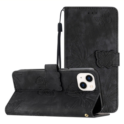 For iPhone 14 Plus Foldable Stand PU Leather Wallet Case Butterfly Imprinted Skin-touch Phone Cover