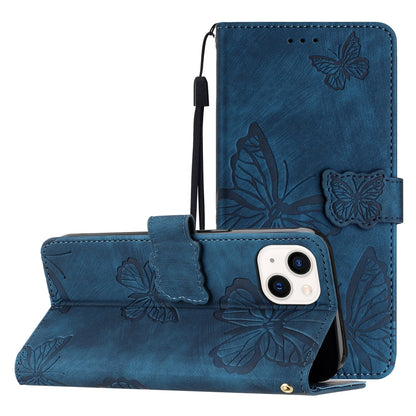 For iPhone 14 Plus Foldable Stand PU Leather Wallet Case Butterfly Imprinted Skin-touch Phone Cover