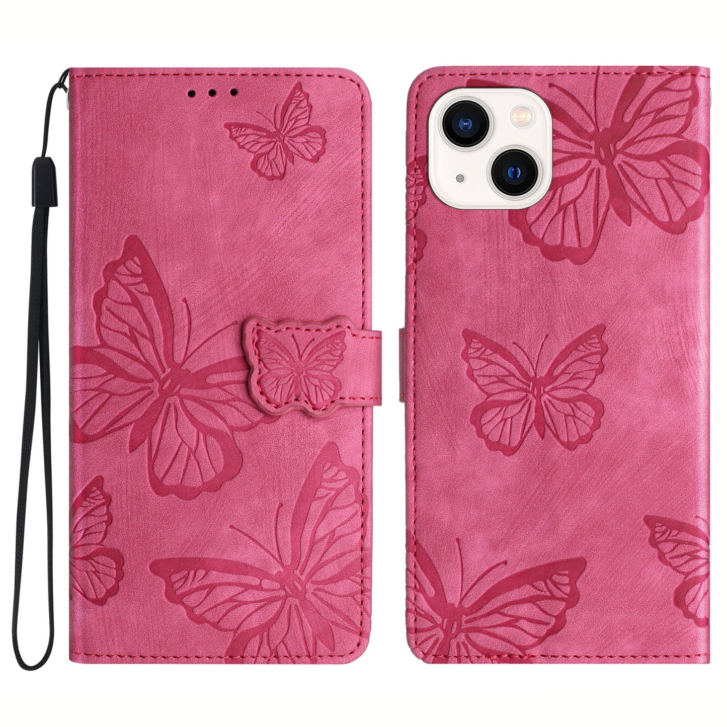 Stand Shell for iPhone 13 6.1 inch PU Leather Wallet Case Butterfly Imprinted Skin-touch Phone Cover