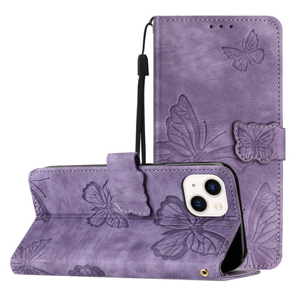 Stand Shell for iPhone 13 6.1 inch PU Leather Wallet Case Butterfly Imprinted Skin-touch Phone Cover