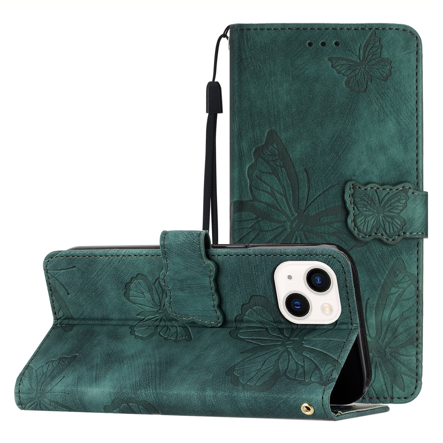 Stand Shell for iPhone 13 6.1 inch PU Leather Wallet Case Butterfly Imprinted Skin-touch Phone Cover