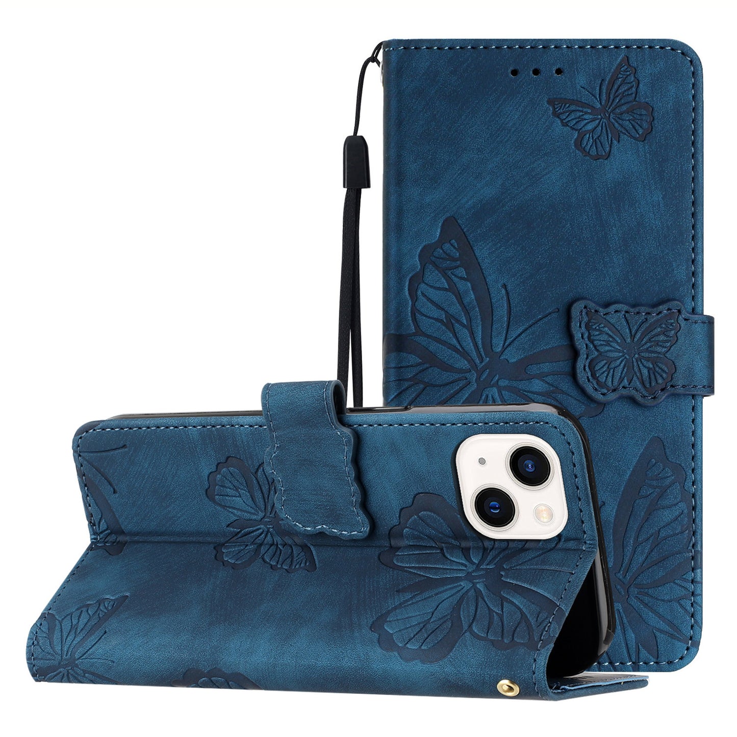 Stand Shell for iPhone 13 6.1 inch PU Leather Wallet Case Butterfly Imprinted Skin-touch Phone Cover