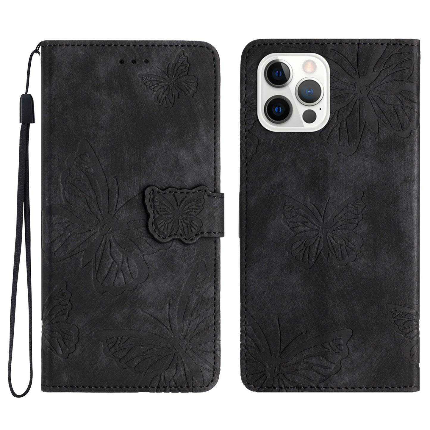 Skin-touch Phone Cover for iPhone 13 Pro Max 6.7 inch PU Leather Stand Wallet Butterfly Imprinted Case