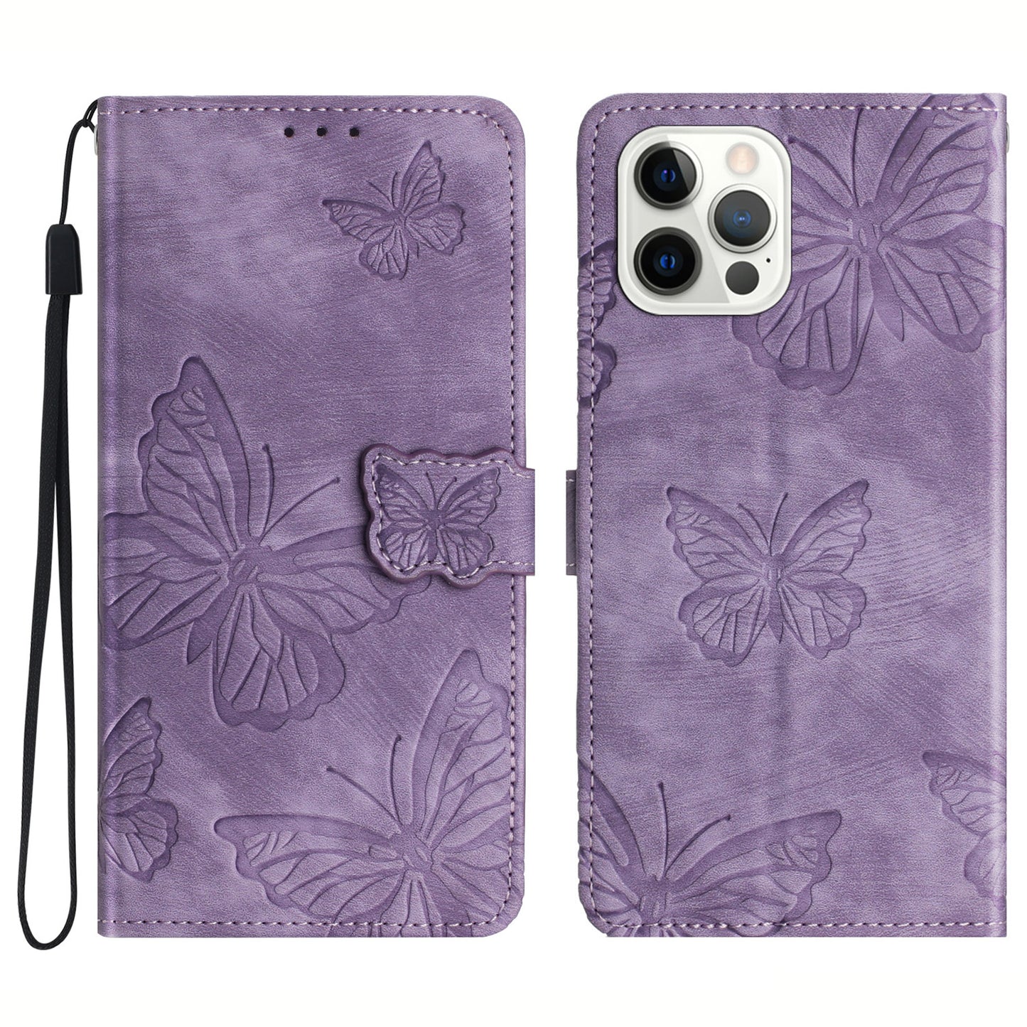Skin-touch Phone Cover for iPhone 13 Pro Max 6.7 inch PU Leather Stand Wallet Butterfly Imprinted Case