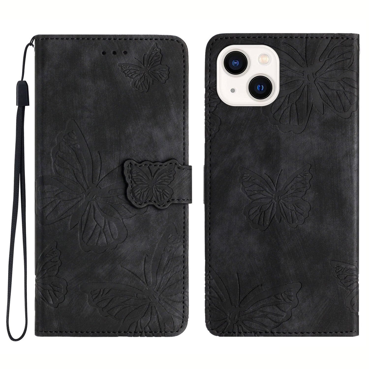 PU Leather Shell for iPhone 13 mini 5.4 inch Stand Wallet Case Butterfly Imprinted Skin-touch Phone Cover