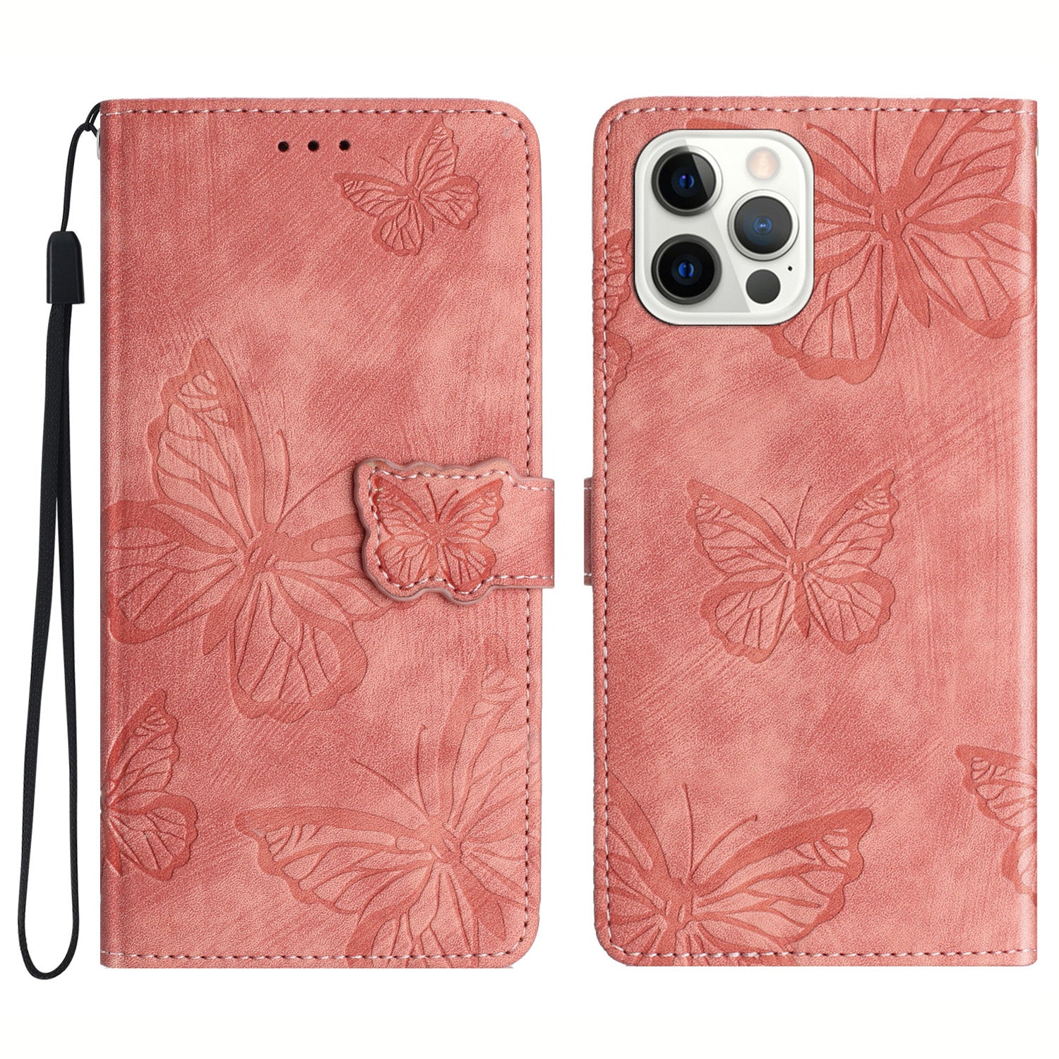 For iPhone 12 / 12 Pro 6.1 inch Skin-touch PU Leather Stand Wallet Case Butterfly Imprinted Phone Cover