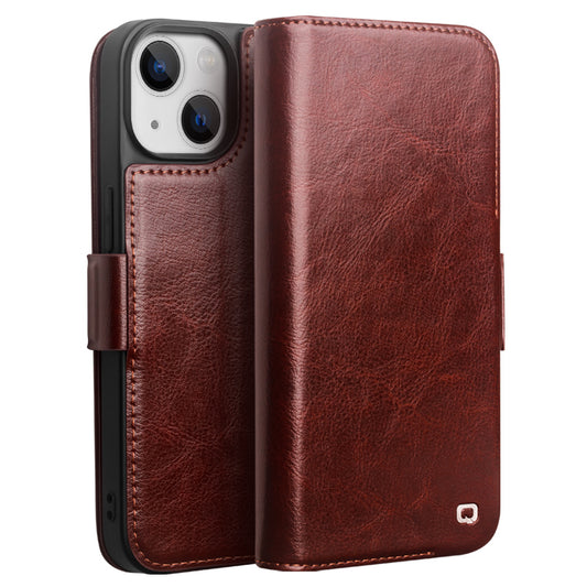 QIALINO For iPhone 14 Plus Genuine Cow Leather Case Stand Folio Wallet Phone Cover