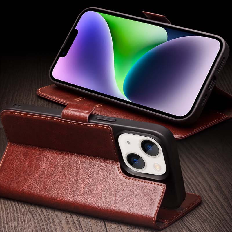 QIALINO For iPhone 14 Plus Genuine Cow Leather Case Stand Folio Wallet Phone Cover