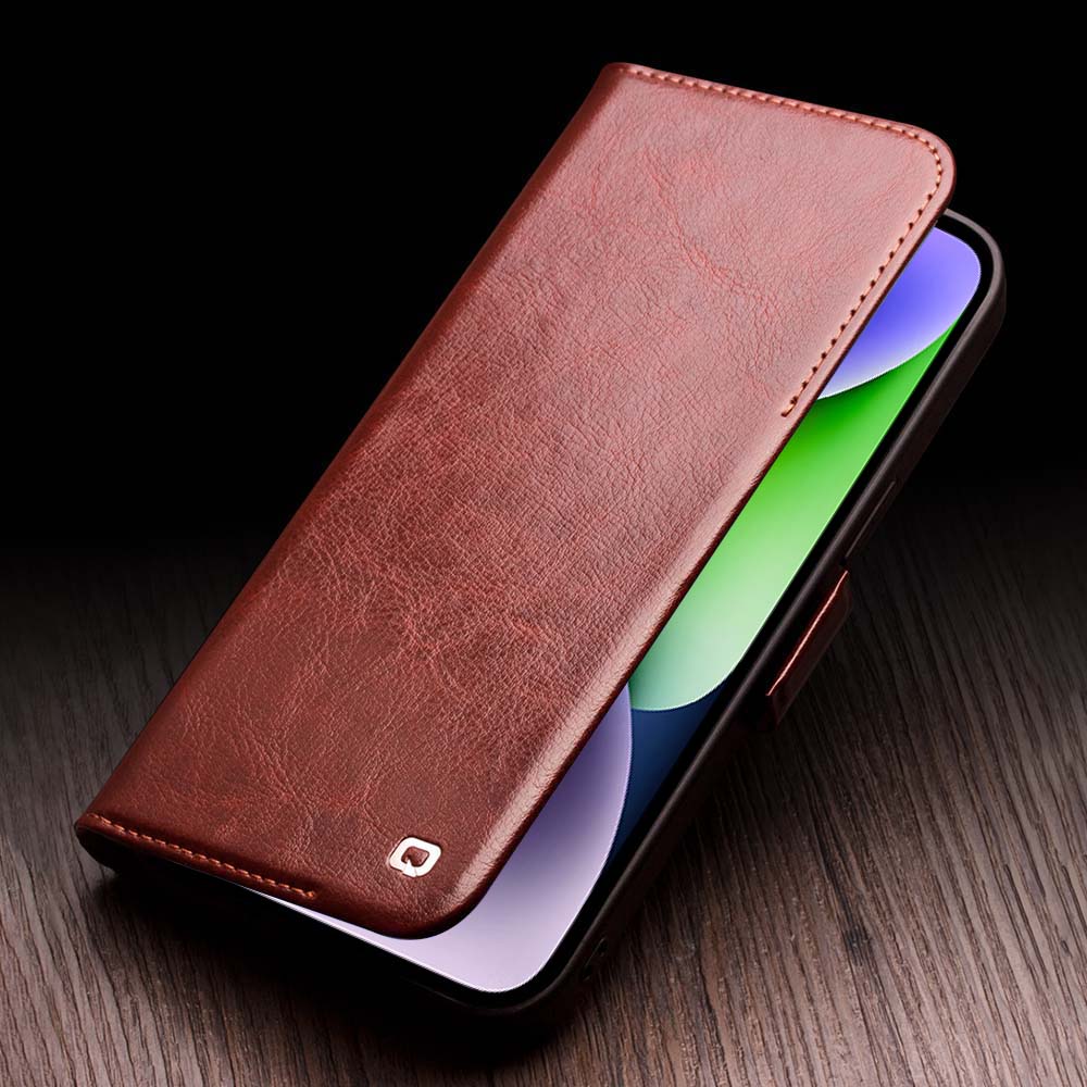 QIALINO For iPhone 14 Plus Genuine Cow Leather Case Stand Folio Wallet Phone Cover