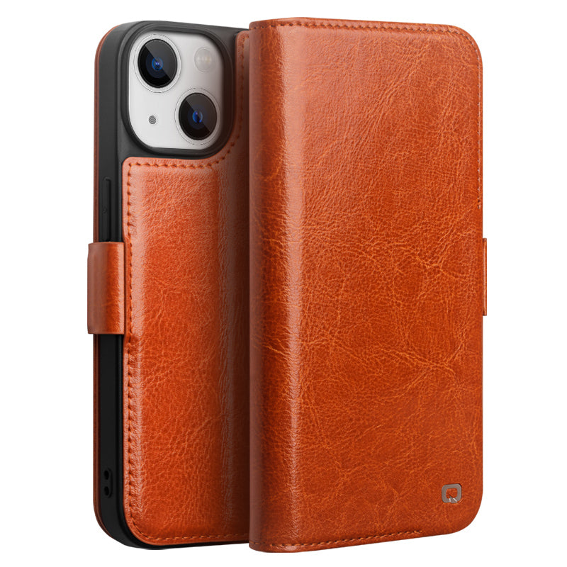 QIALINO For iPhone 14 Plus Genuine Cow Leather Case Stand Folio Wallet Phone Cover