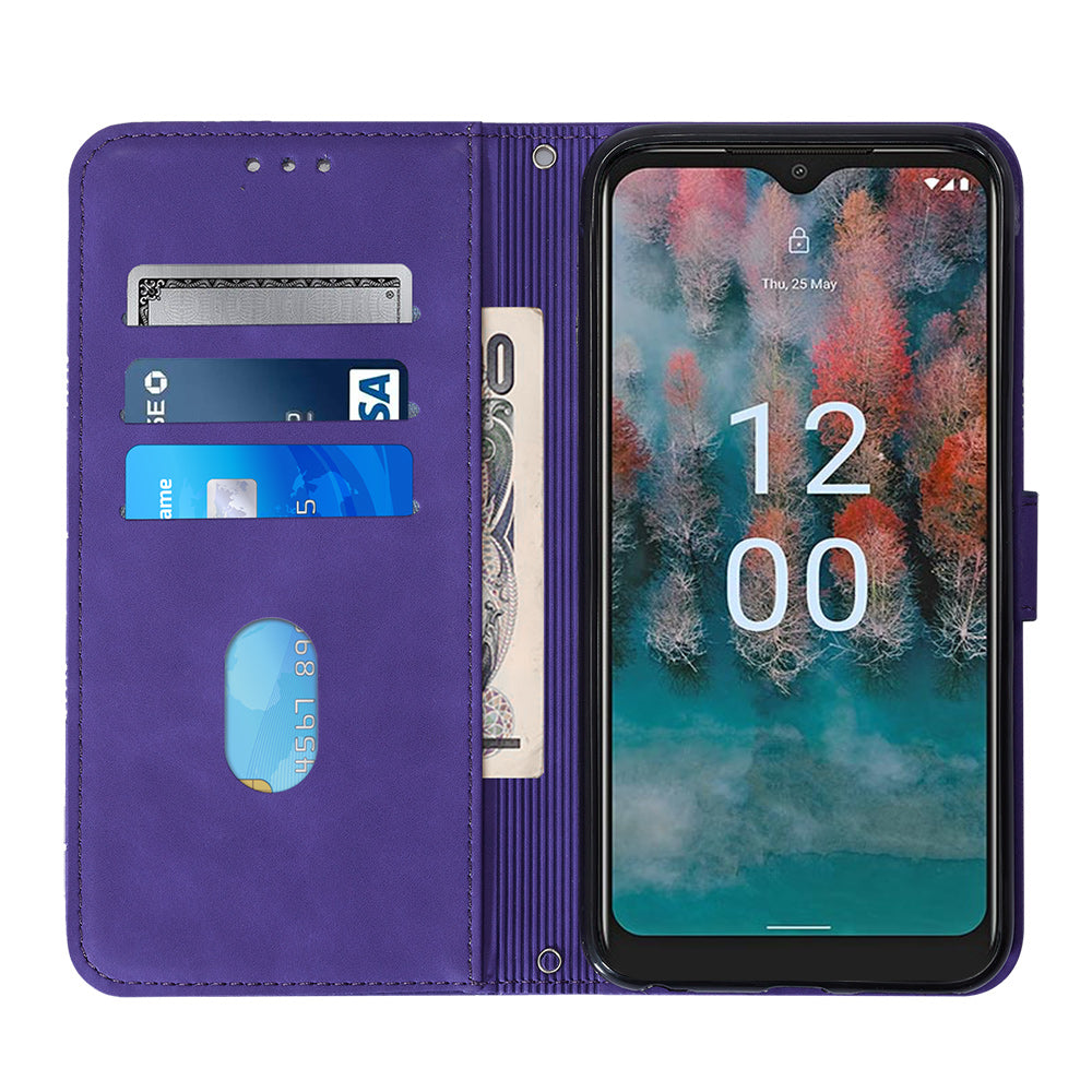 YB Imprinting Series-2 For Nokia C12 4G / C12 Pro / C12 Plus PU Leather Anti-drop Phone Case Imprinted Lines Stand Wallet Cover