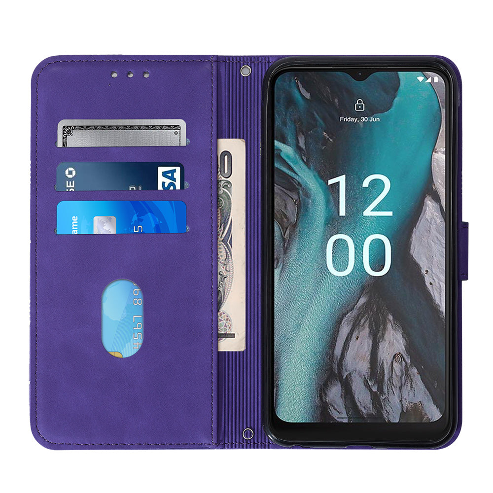 YB Imprinting Series-2 Shockproof Cover for Nokia C22 Imprinted Lines Stand Wallet Leather Phone Case