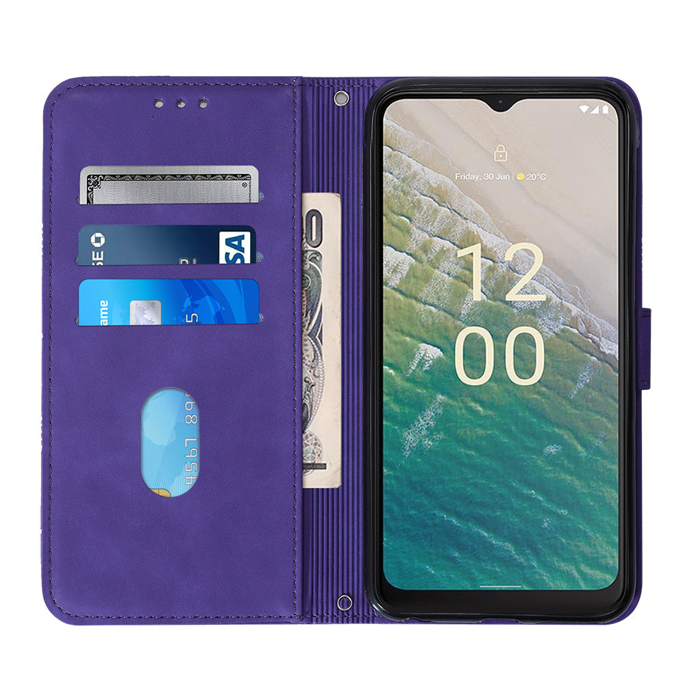 YB Imprinting Series-2 Stand Shell for Nokia C32 (TA-1534) PU Leather Phone Case Imprinted Lines Wallet Cover