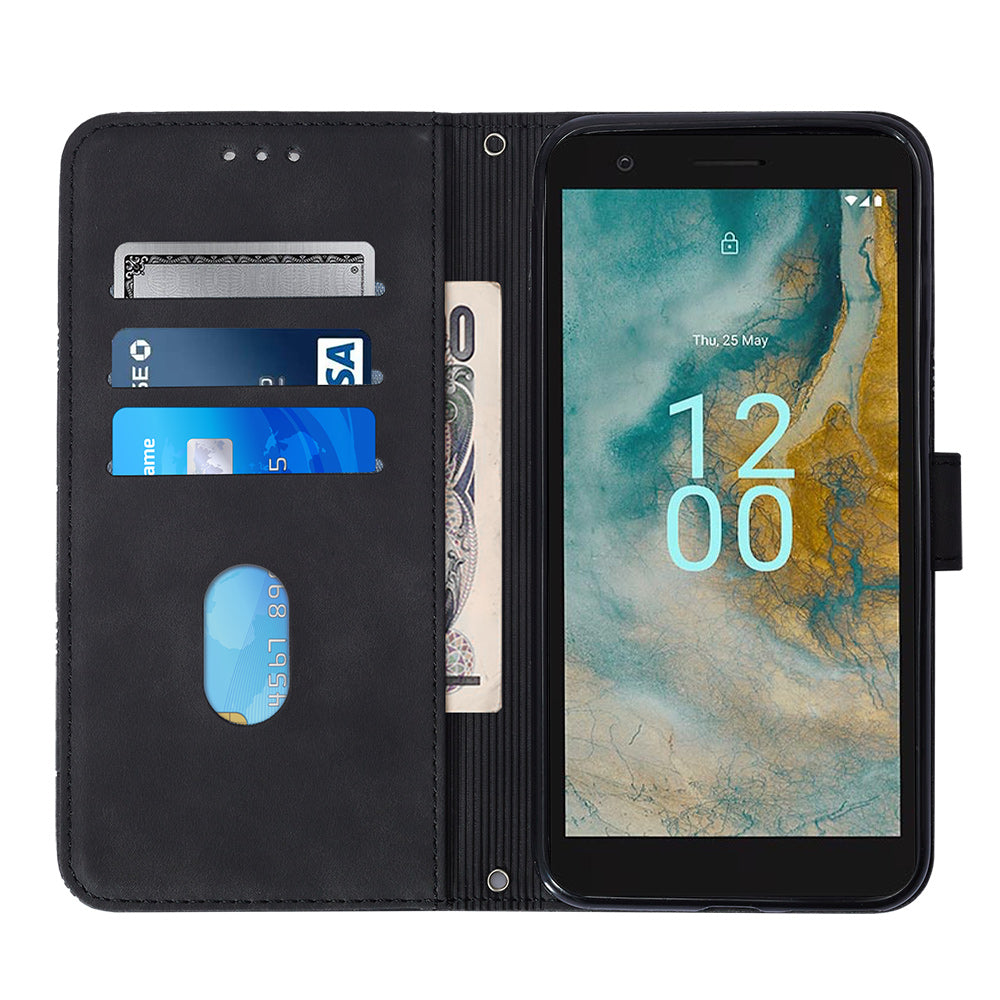 YB Imprinting Series-2 For Nokia C02 (TA-1522) Imprinted Lines PU Leather Wallet Case Phone Stand Cover