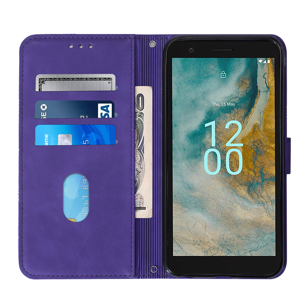 YB Imprinting Series-2 For Nokia C02 (TA-1522) Imprinted Lines PU Leather Wallet Case Phone Stand Cover