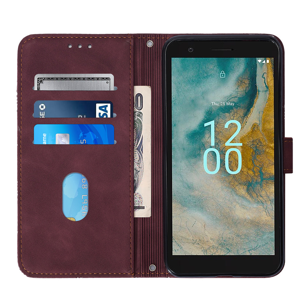 YB Imprinting Series-2 For Nokia C02 (TA-1522) Imprinted Lines PU Leather Wallet Case Phone Stand Cover