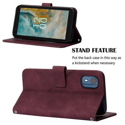 YB Imprinting Series-2 For Nokia C02 (TA-1522) Imprinted Lines PU Leather Wallet Case Phone Stand Cover