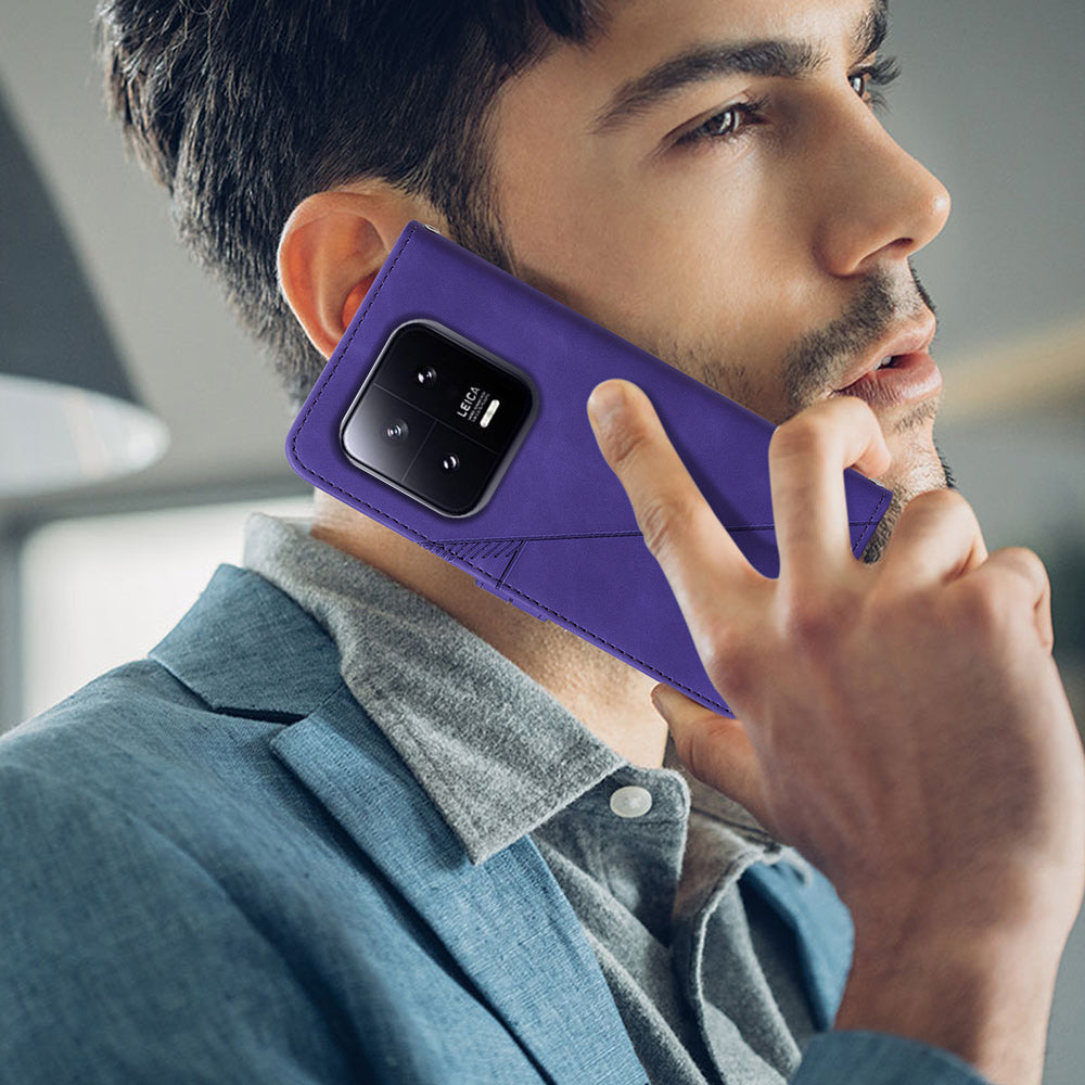 YB Imprinting Series-2 For Xiaomi 13 5G Imprinted Lines Wallet Cover Leather Phone Case with Stand