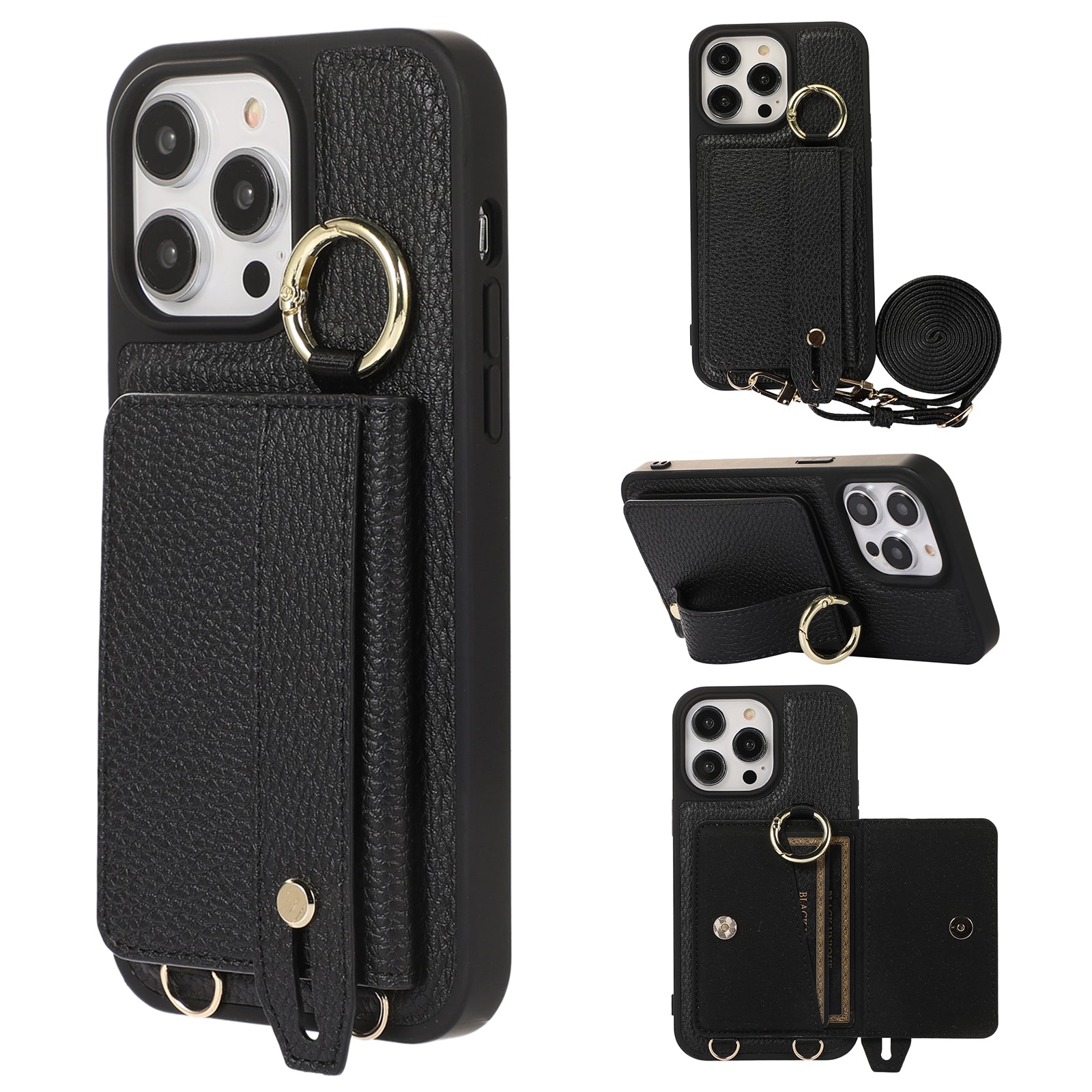 Card Holder Phone Cover for iPhone 12 Pro Max 6.7 inch Hand Strap Kickstand Leather+TPU Case with Shoulder Strap