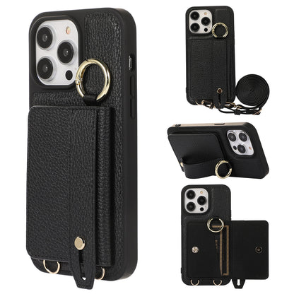 Card Holder Phone Cover for iPhone 12 Pro Max 6.7 inch Hand Strap Kickstand Leather+TPU Case with Shoulder Strap