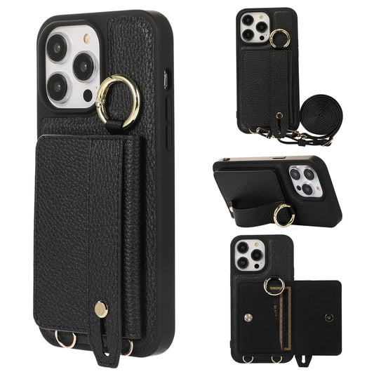 Card Holder Phone Cover for iPhone 12 Pro Max 6.7 inch Hand Strap Kickstand Leather+TPU Case with Shoulder Strap