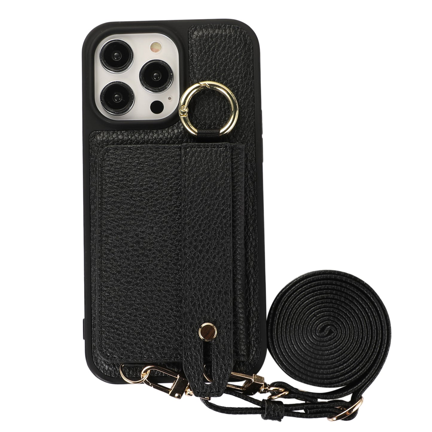 Card Holder Phone Cover for iPhone 12 Pro Max 6.7 inch Hand Strap Kickstand Leather+TPU Case with Shoulder Strap