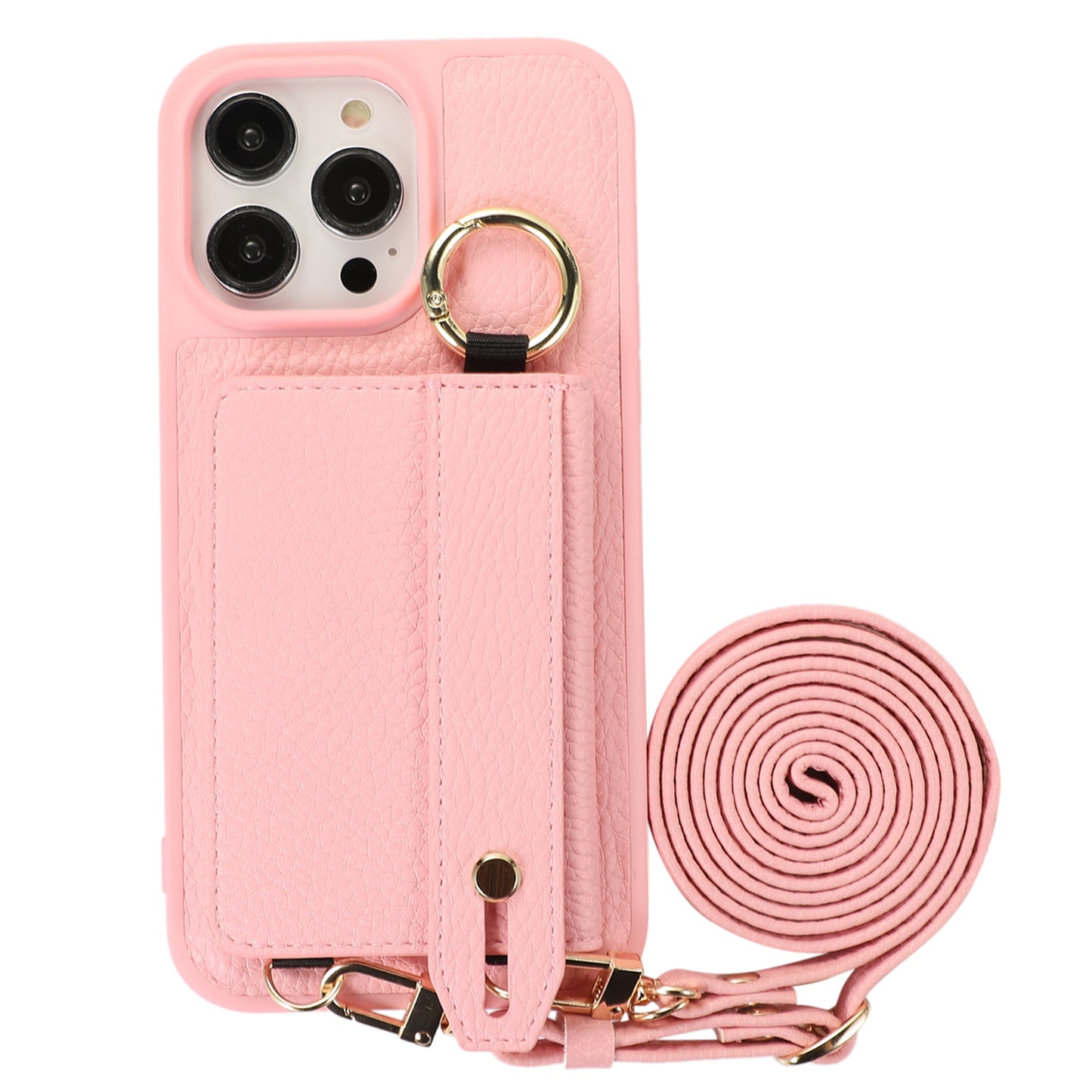 Card Holder Phone Cover for iPhone 12 Pro Max 6.7 inch Hand Strap Kickstand Leather+TPU Case with Shoulder Strap