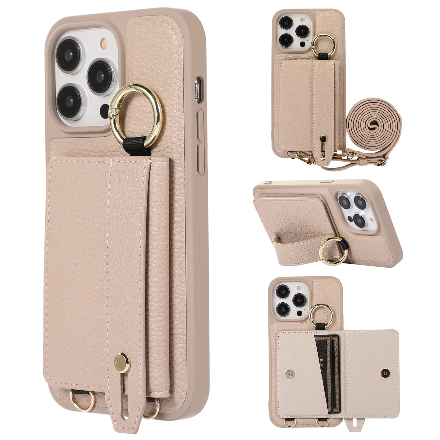 Card Holder Phone Cover for iPhone 12 Pro Max 6.7 inch Hand Strap Kickstand Leather+TPU Case with Shoulder Strap