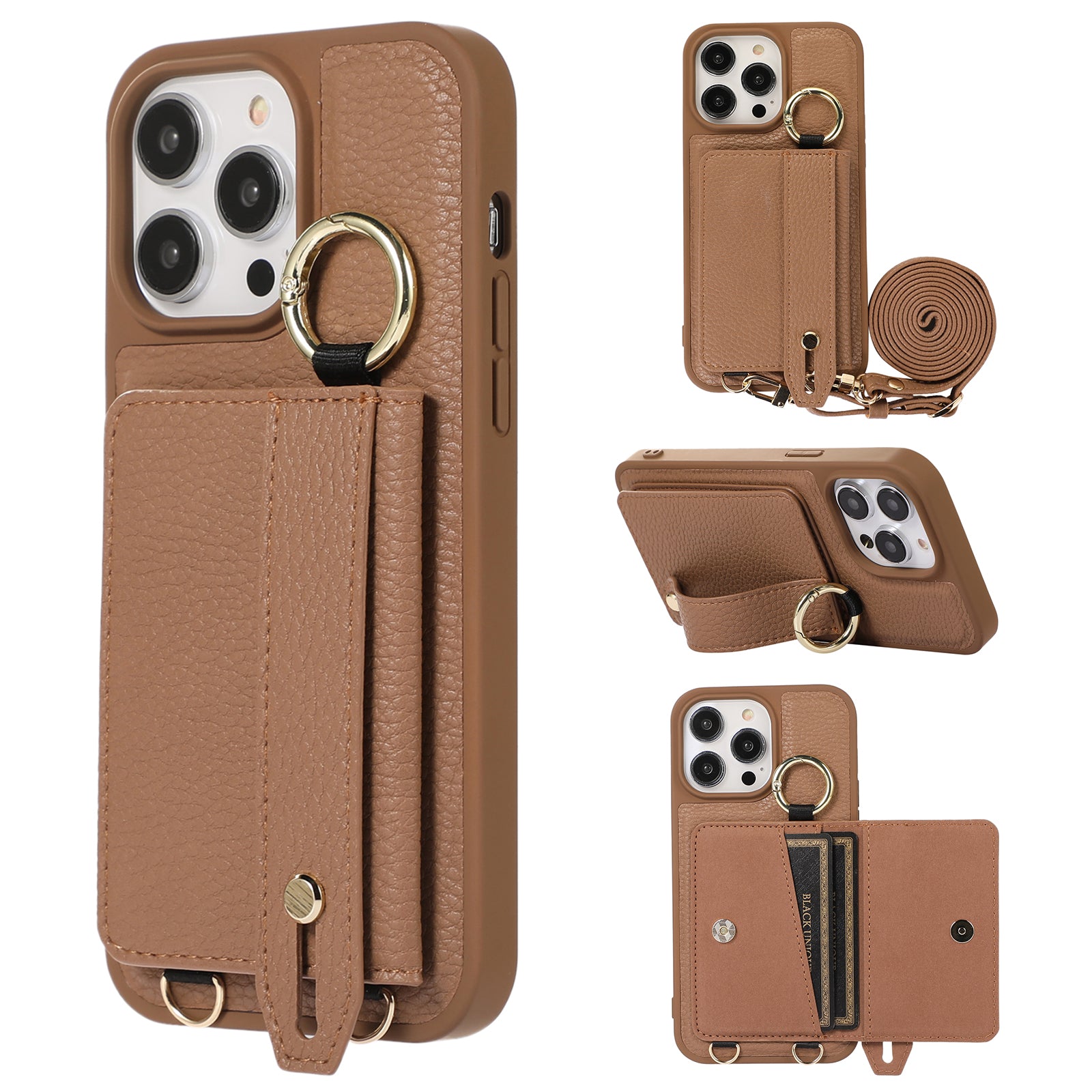 Card Holder Phone Cover for iPhone 12 Pro Max 6.7 inch Hand Strap Kickstand Leather+TPU Case with Shoulder Strap