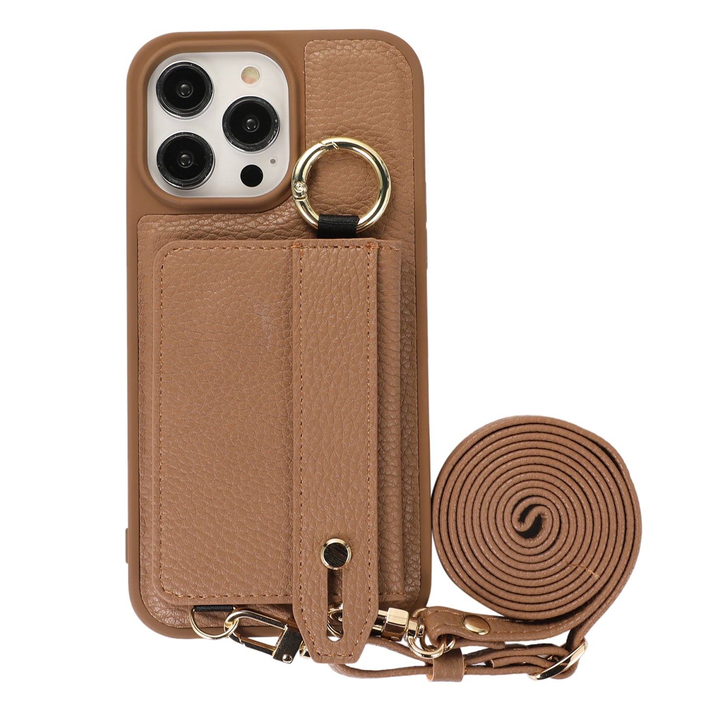 Card Holder Phone Cover for iPhone 12 Pro Max 6.7 inch Hand Strap Kickstand Leather+TPU Case with Shoulder Strap