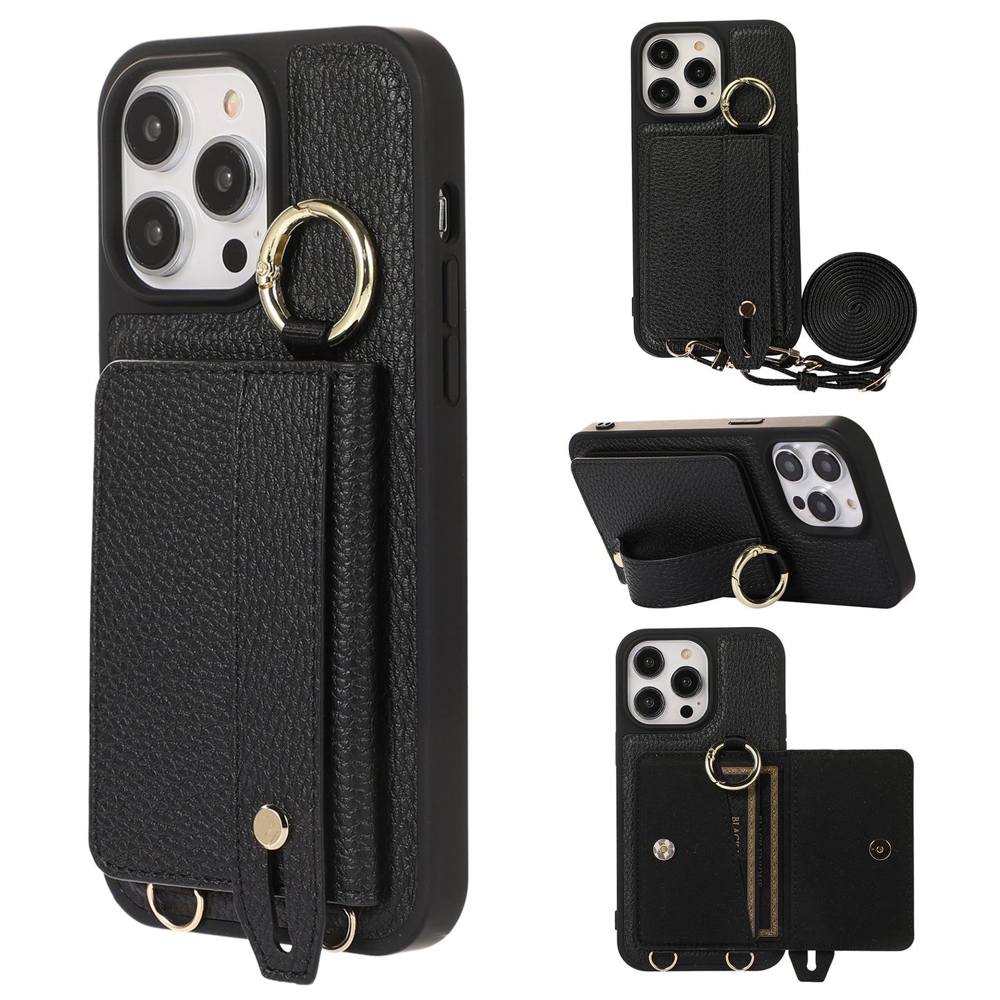 For iPhone 13 Pro 6.1 inch Card Holder Leather+TPU Phone Cover Hand Strap Kickstand Case with Shoulder Strap