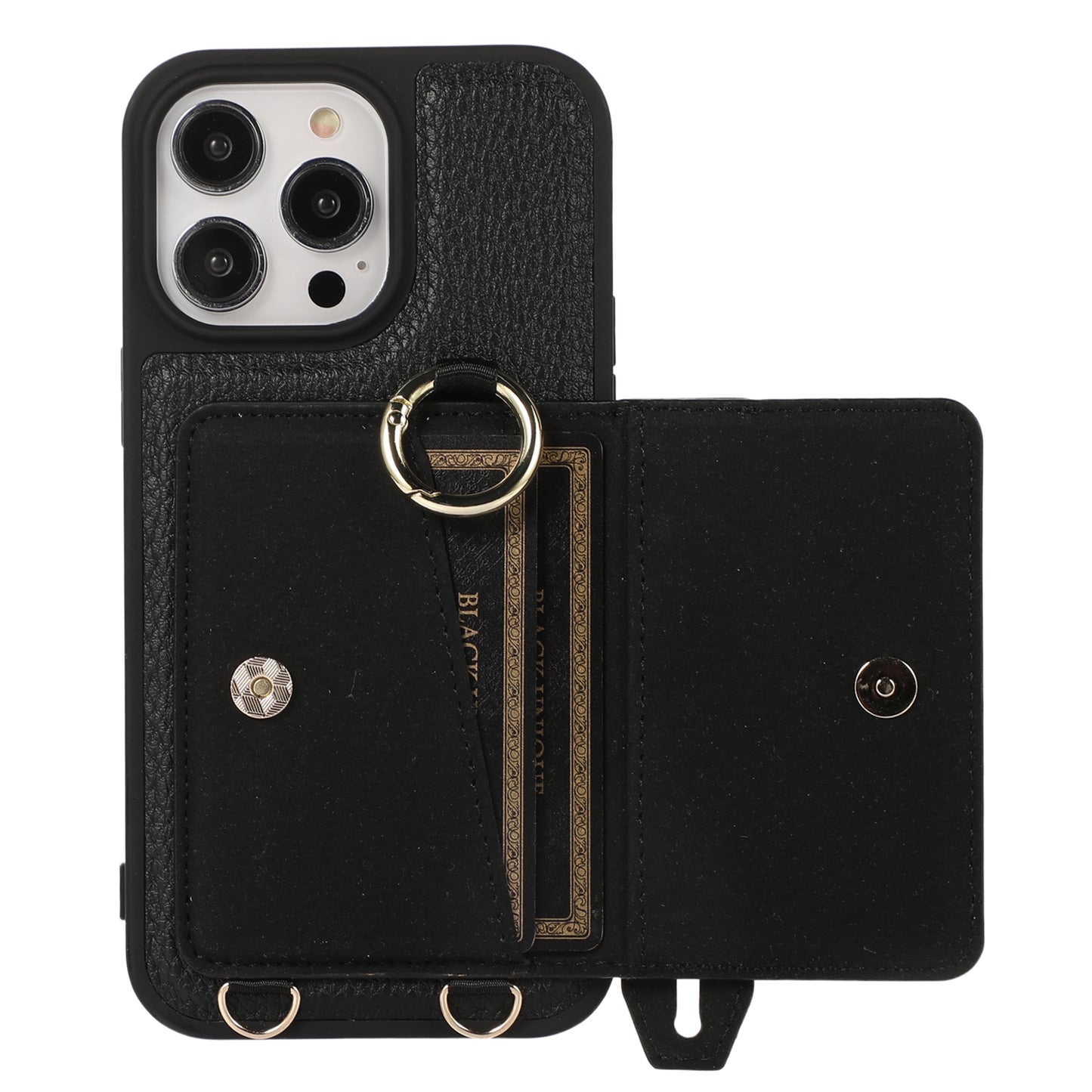 For iPhone 13 Pro 6.1 inch Card Holder Leather+TPU Phone Cover Hand Strap Kickstand Case with Shoulder Strap