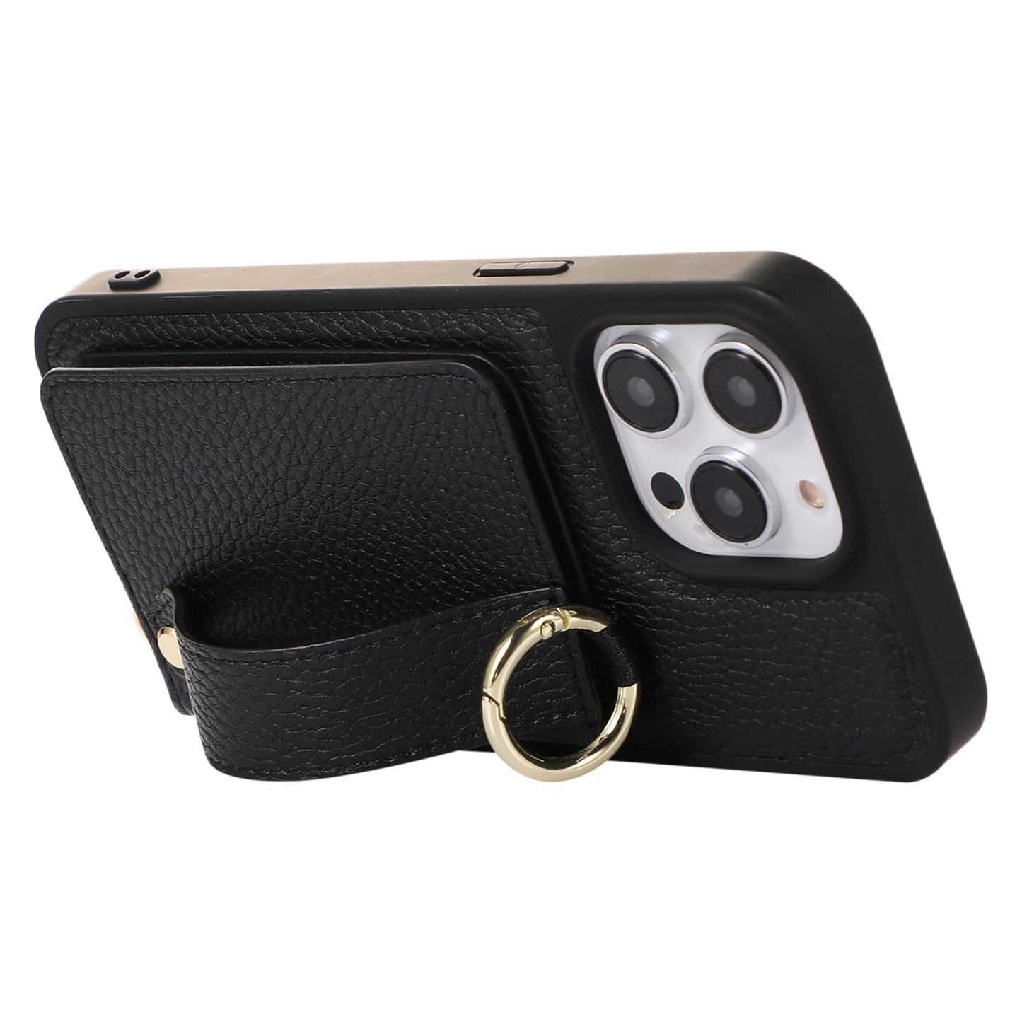For iPhone 13 Pro 6.1 inch Card Holder Leather+TPU Phone Cover Hand Strap Kickstand Case with Shoulder Strap
