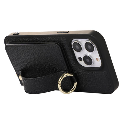 For iPhone 13 Pro 6.1 inch Card Holder Leather+TPU Phone Cover Hand Strap Kickstand Case with Shoulder Strap
