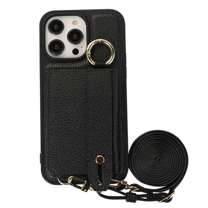 For iPhone 13 Pro 6.1 inch Card Holder Leather+TPU Phone Cover Hand Strap Kickstand Case with Shoulder Strap