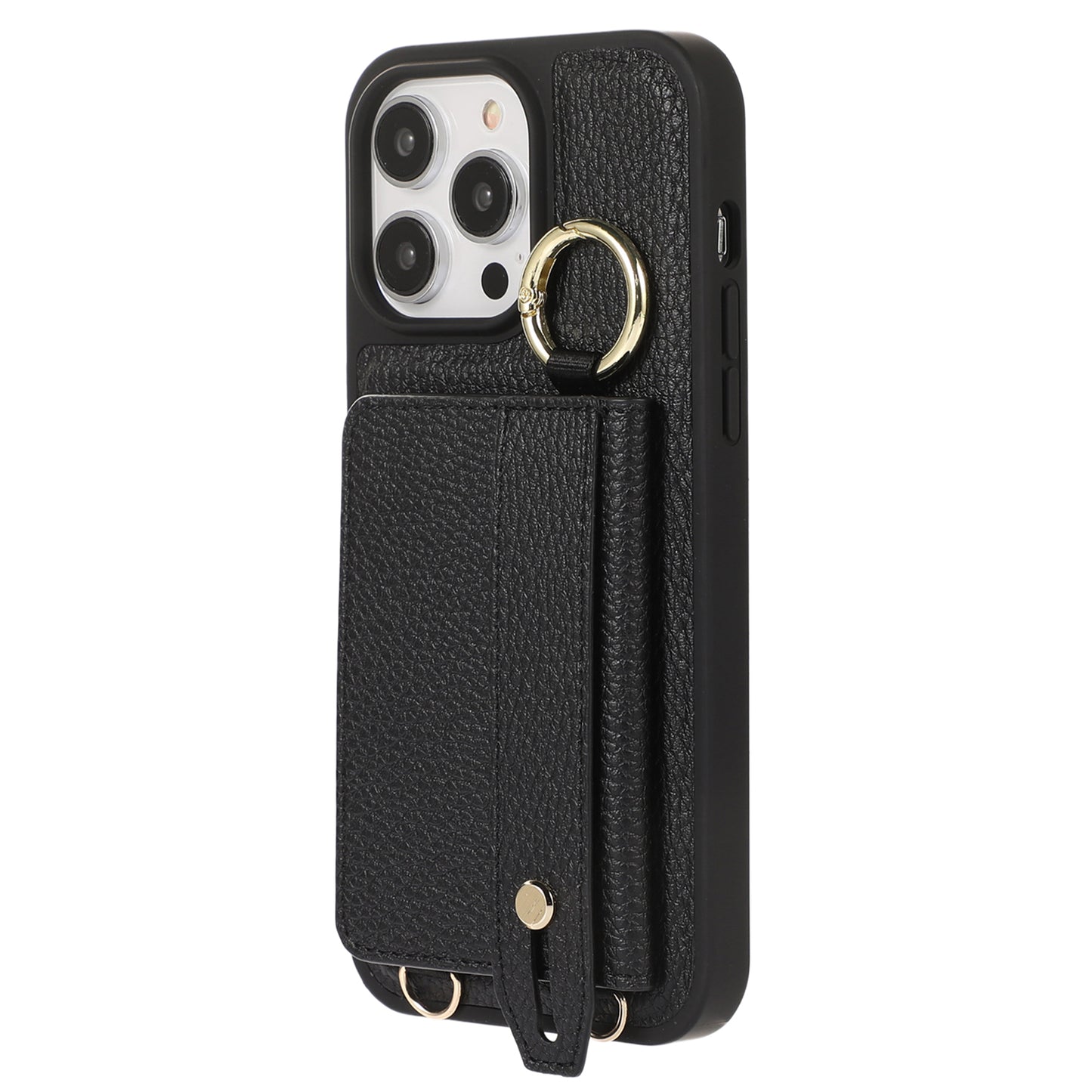 For iPhone 13 Pro 6.1 inch Card Holder Leather+TPU Phone Cover Hand Strap Kickstand Case with Shoulder Strap