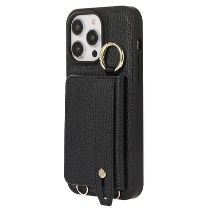 For iPhone 13 Pro 6.1 inch Card Holder Leather+TPU Phone Cover Hand Strap Kickstand Case with Shoulder Strap