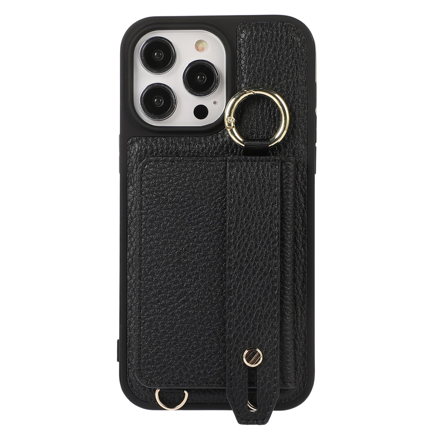 For iPhone 13 Pro 6.1 inch Card Holder Leather+TPU Phone Cover Hand Strap Kickstand Case with Shoulder Strap