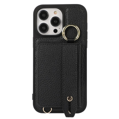 For iPhone 13 Pro 6.1 inch Card Holder Leather+TPU Phone Cover Hand Strap Kickstand Case with Shoulder Strap