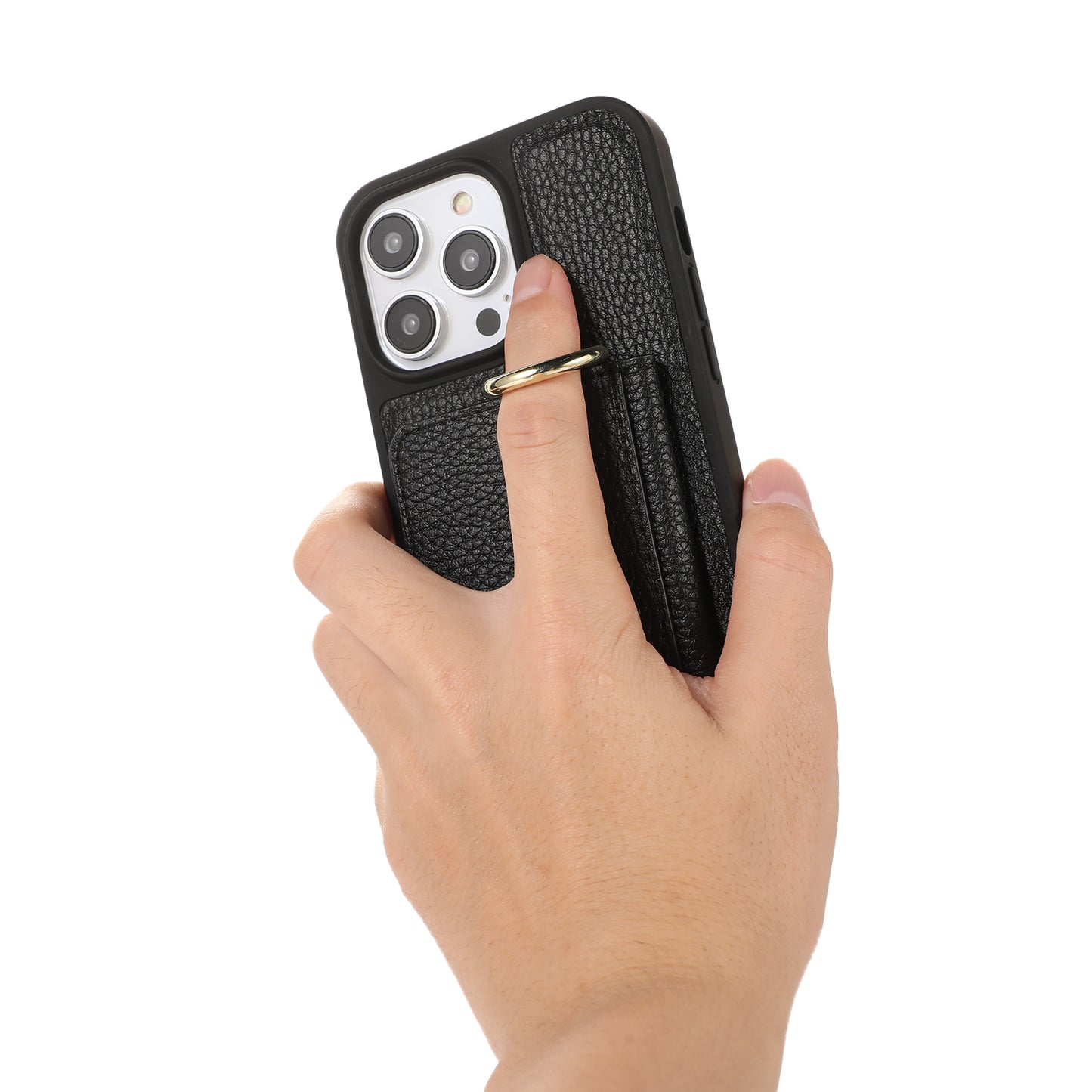 For iPhone 13 Pro 6.1 inch Card Holder Leather+TPU Phone Cover Hand Strap Kickstand Case with Shoulder Strap