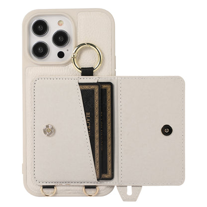 For iPhone 13 Pro 6.1 inch Card Holder Leather+TPU Phone Cover Hand Strap Kickstand Case with Shoulder Strap