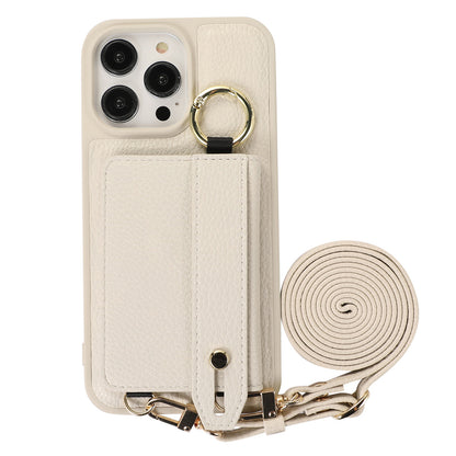 For iPhone 13 Pro 6.1 inch Card Holder Leather+TPU Phone Cover Hand Strap Kickstand Case with Shoulder Strap