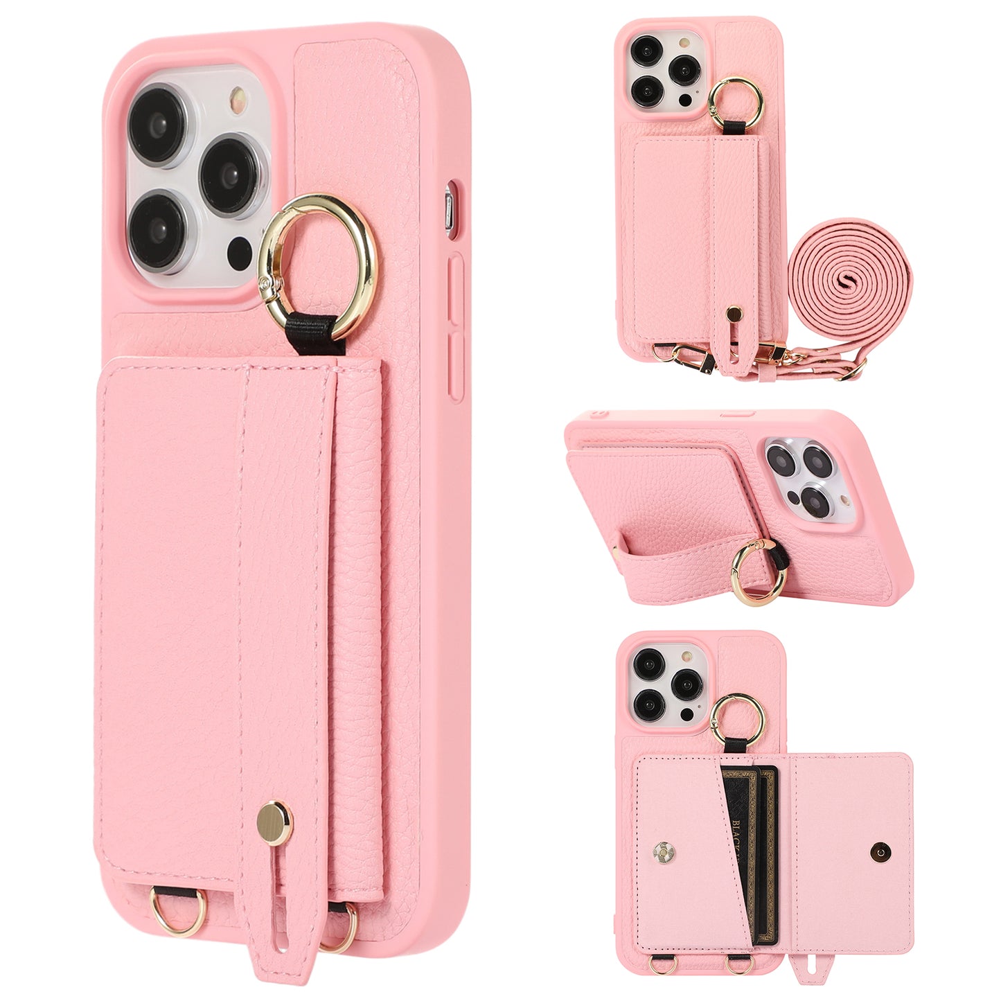 For iPhone 13 Pro 6.1 inch Card Holder Leather+TPU Phone Cover Hand Strap Kickstand Case with Shoulder Strap