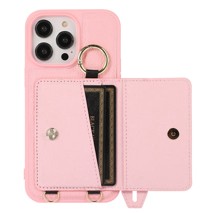 For iPhone 13 Pro 6.1 inch Card Holder Leather+TPU Phone Cover Hand Strap Kickstand Case with Shoulder Strap