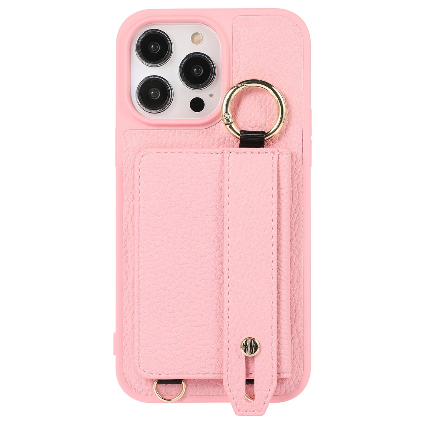 For iPhone 13 Pro 6.1 inch Card Holder Leather+TPU Phone Cover Hand Strap Kickstand Case with Shoulder Strap