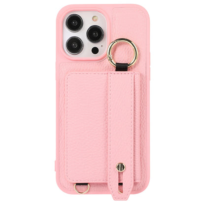 For iPhone 13 Pro 6.1 inch Card Holder Leather+TPU Phone Cover Hand Strap Kickstand Case with Shoulder Strap