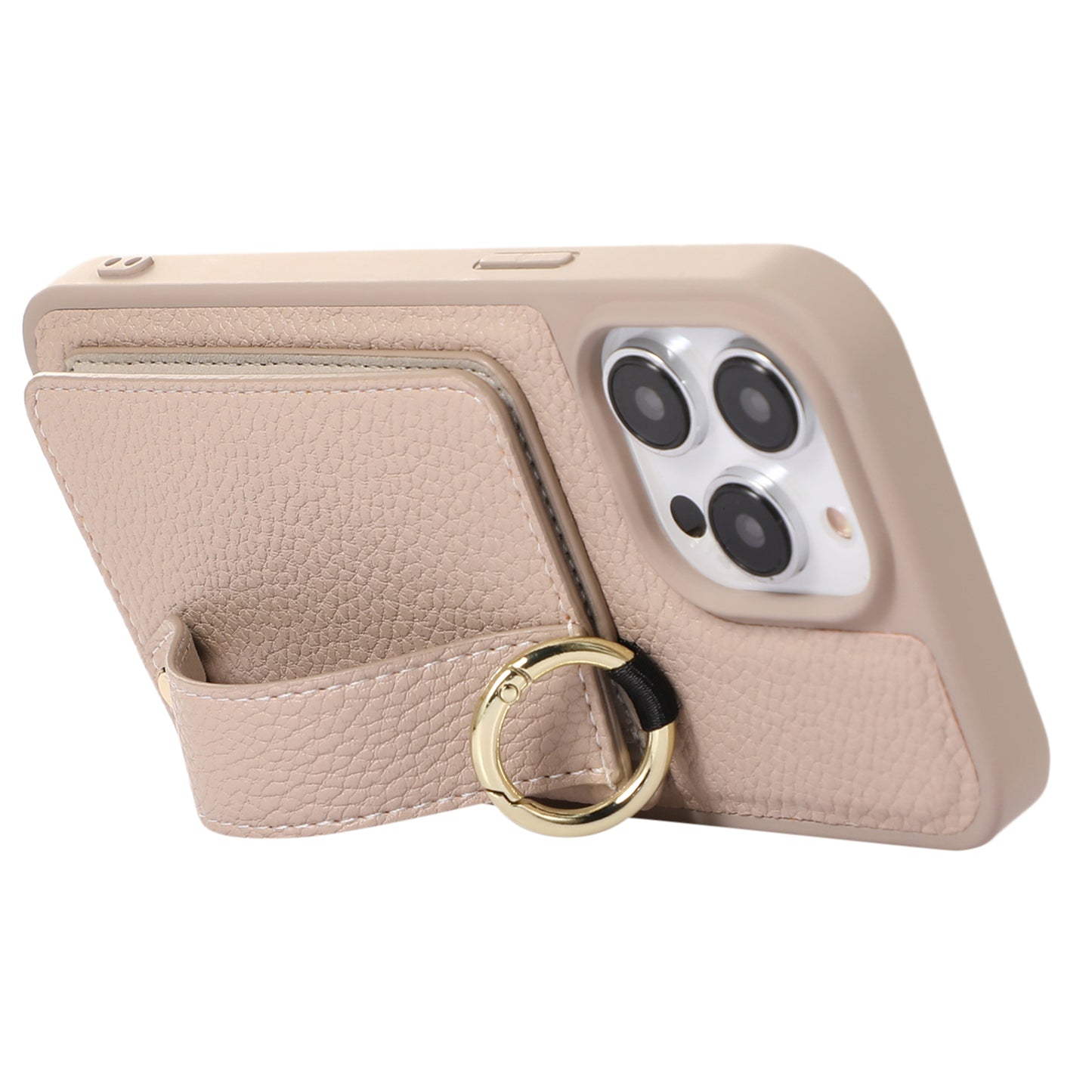 For iPhone 13 Pro 6.1 inch Card Holder Leather+TPU Phone Cover Hand Strap Kickstand Case with Shoulder Strap